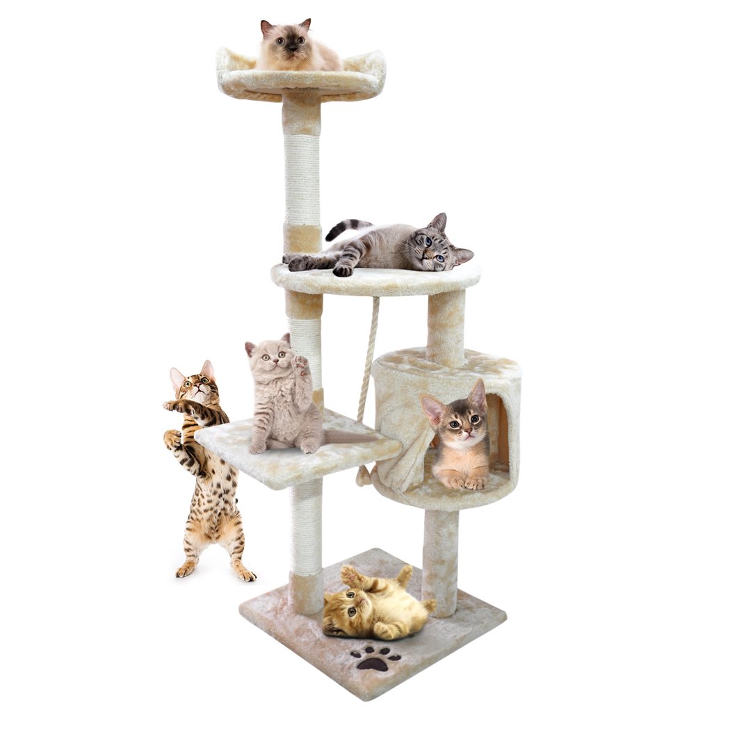 PaWz 1.1M Cat Scratching Post Tree featuring plush upholstery and natural sisal poles, designed for climbing and scratching.